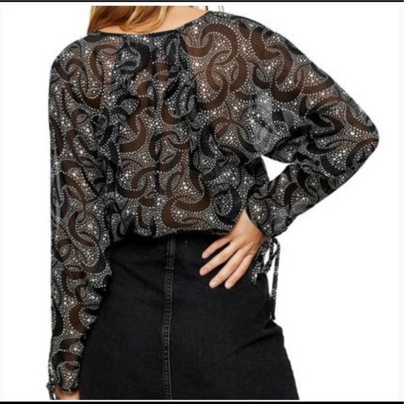 Topshop Star & Moon Blouse Black Ruffles Ties Semi Shear - Picture 2 of 9
